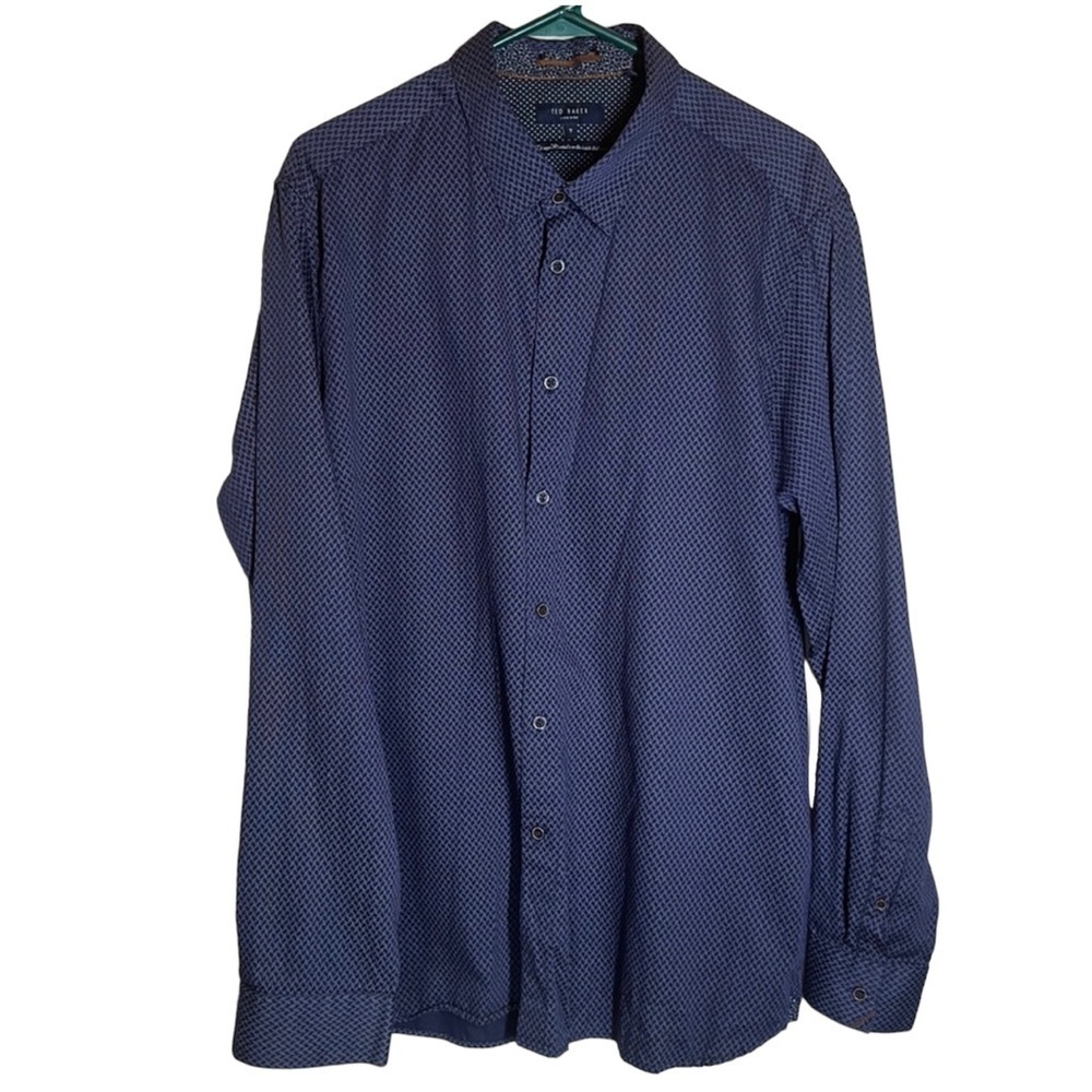 Ted Baker Smoky Blue Geometric Print Button-Front Long Sleeve Shirt Sz 7 3XL EUC
